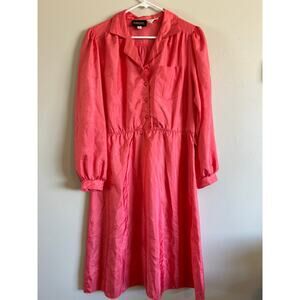 Vintage Angel Petite Coral Satin Shirt Dress Puff Sleeve 12P Midi